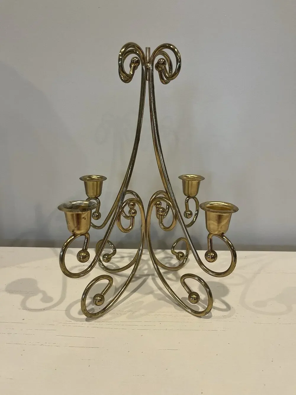 Vintage Brass Candelabra 4-Arm Christmas Tree Scroll Design Candle Holder